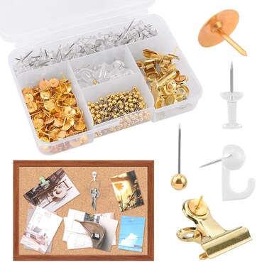 465 Pcs Gold Push Pins Set, Push Pin Clips, Gold Thumb Tacks Decorative Push Pins Map Tacks Sets, 5 Styles Push Pins for Cork Board Bulletin Board Wall