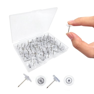 BlingKingdom 100pcs Push Pins Tacks Clear Plastic Head Steel Point Clear Flat Thumbtacks Drawing Pins Clear Wall Tacks Stick Pins with Box for Photos Pinboard Bulletin Board Fabric Marking Crafts