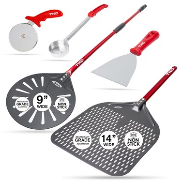 TKC Perforated Pizza Peel Bundle with 14 Inch XL Peel and 9 inch Pizza Turning Peel Ultimate Set with Dough Cutter, Pizza Cutter Wheel and Sauce Ladle - Commercial Grade Pizza Spatula