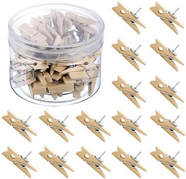 HQDeal Push Pins with Wooden Clips, 50 Pieces Thumbtacks Pushpins Paper Clips Clothespins for Cork Boards Notes Photos Display Wall Used in Offices Schools Public Place