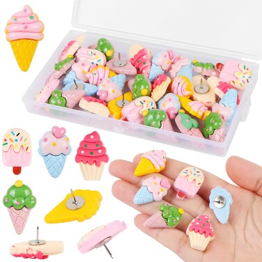 MIKIMIQI 30 Pcs Ice Cream Push Pins, Resin Ice Cream Push Pins Decorative Cute Thumb Tacks Cork Board Thumbtacks for Bulletin Board Photos Wall Pins Office Supplies
