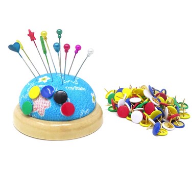 yueton Bun Push Pin Holder Wood Push Pincushion for Tacks Sewing Needle Pin Map Pin with 120Pcs Map Thumbtacks