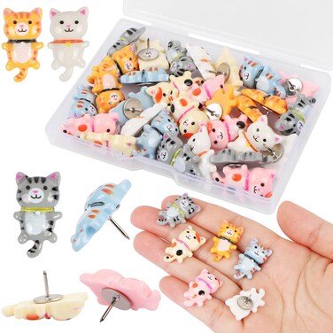 MIKIMIQI 30 Pcs Cute Cat Push Pins, Resin Cat Push Pins Decorative Animal Thumb Tacks Cork Board Thumbtacks for Bulletin Board Photos Wall Pins Office Supplies