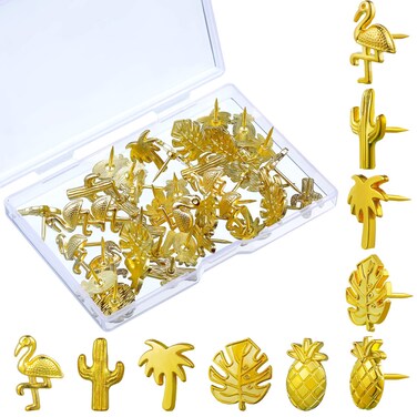 40 Pieces Gold Push Pins Cute Push Pins Tropical Office Supplies 5 Designs Decorative Thumb Tacks Cactus Palm Leaf Push Pins for Photos Wall, Maps, Bulletin Board, Cork Boards