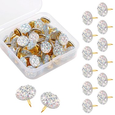 SunAngel 50Pcs Push Pins, Shiny Diamond Push Pins Glitter Rhinestone Decorative Thumb Tacks for Photo Wall Cork Board Bulletin Board Women Girls Desk Accessories (Clear)