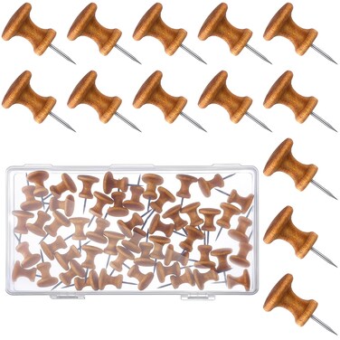 Yalikop Push Pins Wooden Thumb Tacks 1 Inch Decorative Push Pins for Cork Board Wood Pins Tacks Wall Tacks with Box for Map, Calendar, Picture Hanging, Home Office Supplies(50 Pieces)
