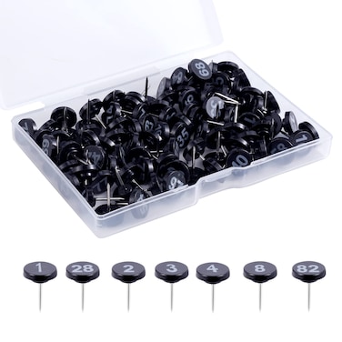 SAVITA 100pcs Number Push Pins, Black Pins Plastic Flat Head Thumb Tacks with White Number from 1 to 100 for Maps Presentations Photos Posters Gallery Exhibits