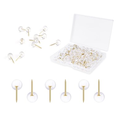 AIEX 200pcs Round Push Pins, Clear Thumb Tacks Round Head with Storage Box Gold Ball Push Pins for Daily Study Office Data Storage Organizing Files