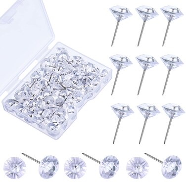 Pajean 100 Pieces Clear Push Pins Decorative Diamond Tacks for Cork Board Crystal Furniture Pins Transparent Push Pins for Wedding Furniture Sofa Bulletin Board Posters Maps Classroom