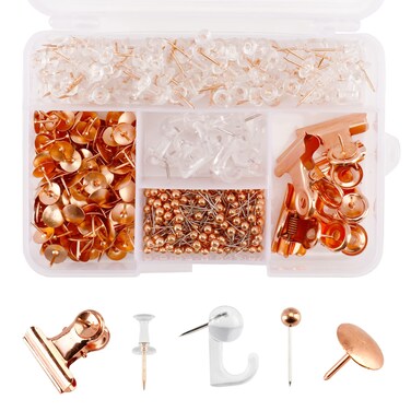 465 Pcs Rose Gold Push Pins Set Rose Gold Thumb Tacks 5 Style Decorative Push Pins Paper Clips Map Tacks for Cork Board Office Accessories and School (Rose Gold)