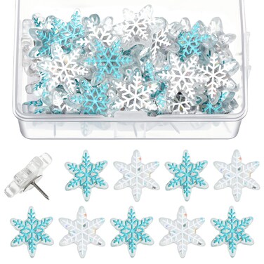 Zonon 30 Pieces Christmas Snowflake Push Pins, Decorative Cork Board Tacks, 0.9 Inch Thumb Tacks for Bulletin Board, Office Home Winter Christmas Decorations(White, Blue)