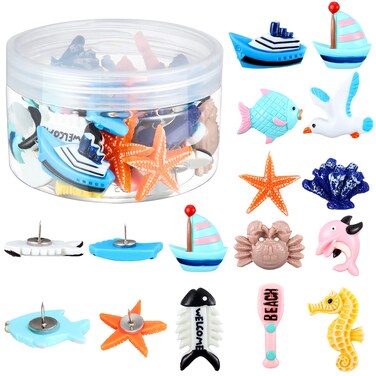 36 Pieces Push Pins Decorative Cute Ocean Pushpins Creative Thumbtacks Cute Seahorse Steamship Fish Starfish Push Pins for Corkboard Photo Wall Map Bulletin Board Office Organization Home Decoration