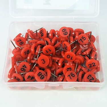 Numbered Push Pin Map Tacks   Contains 100 Sequential Pins   Red Map Pins, Black Numbers 1-100   11mm Diameter 16mm Length   Great for Marking Items on Maps, Presentations, Gallery Exhibits and More