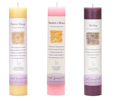 Crystal Journey Reiki Charged Herbal Magic Pillar Candle - Manifestation Bundle (Positive Energy, Manifest a Miracle, Healing) - Handcrafted with Lead-Free Materials Pink