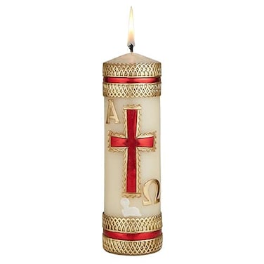 Catholic Paschal Easter Candle, Alpha Omega Unscented Pillar Candles for Mass, Baptism, Confirmation, Lent, Holy Week Church Supplies or Home Decoration, 8 Inches