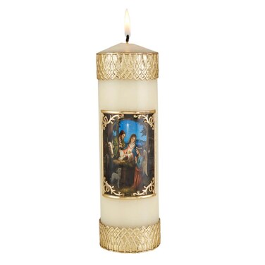 Gold Tone Nativity Scene Ornate Pillar Candle for Christmas Mass Decoration or Holiday Candles for Homes, Mantels or Centerpieces, 7.75 Inches