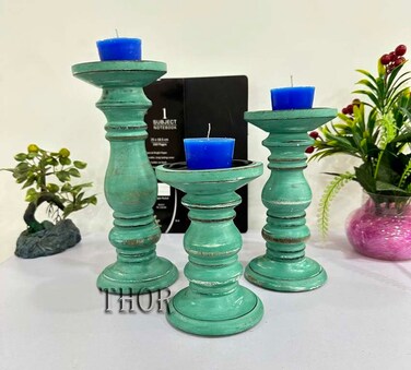 Wooden Pillar Candle Holders Set of 3, Pillar Candles,Gifts for Wedding,Party,Home, Candle Gardens Gifts - 10 Inch, 8 Inch, and 6 Inch (Green)