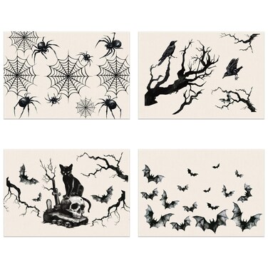 FINGOOO 4 Pcs Halloween Table Mats, 12x18 Inch Linen Cloth Halloween Placemats for Kitchen Table Heat Resistant Non-Slip Washable Place Mats