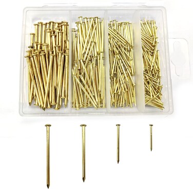 YOUYIDUN - 450 Pcs Nail Assortment Kit, Brass Nails for Hanging Pictures, Gold Finishing Nails Hardware Assortment Set, (0.78 in 1 in 1.57 in 2 in) Small Nails for Picture Hanging/Wood/Concrete Wall