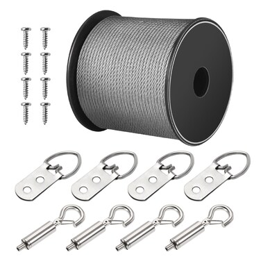 String Lights Hanging Kit, Outdoor Light Guide Wire, 1/16 Wire Rope Kit Includ 98.4FT Picture Wire 4Pcs D-Ring Hangers 8Pcs Screws, Adjustable Hanging Hooks for Hanging Picture Frame Mirror Wall Art