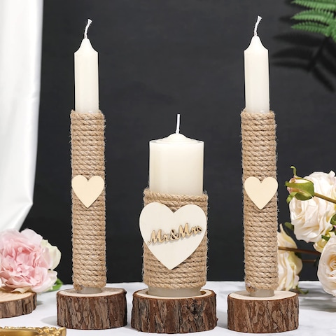 3 Pcs Rustic Unity Candles for Wedding Ceremony Set Mr and Mrs Burlap Wedding Candles 1(5.9&#39;&#39;) Pillar 2(9.8&#39;&#39;) Taper Candles for Weddings Ceremony Events Decor Emergency Lighting (Romantic Style)