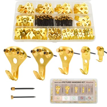 Hoeine Picture Hangers, 181pcs Heavy Duty Picture Hanging Kit 5 Sizes Picture Hooks and 2 Sizes Picture Hanging Nails for Drywall Wooden Wall (Gold)