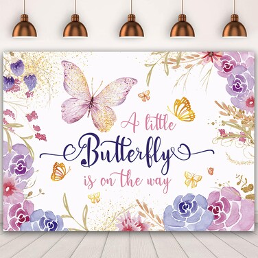 ADOFUN Baby Shower Backdrop 7x5Ft A Little Butterfly is On The Way Newborn Girl Party Supplies Decoration Photographic Booth Studio Pink and Purple Flower Photo Backgrounds Banner Polyester Fabric