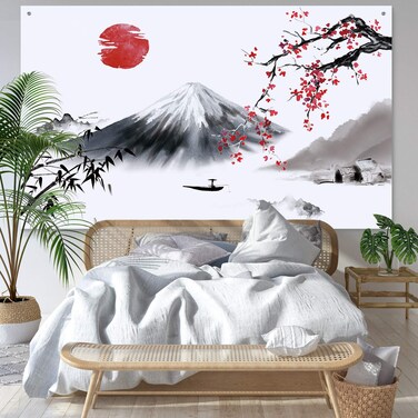 Sumind Japanese Wall Hanging Photo Banner Asian Mountain Fuji Red Sun Background Japanese Landscape Nature Background for Japanese Party Wall Home Decoration, 72.8 x 43.3 Inches