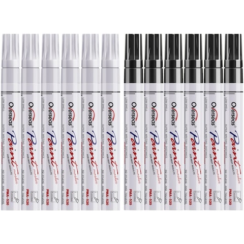 Overseas White and Black Paint Pens Paint Markers - 12 Pack Permanent Oil Based Paint Pen, Medium Tip, Quick Dry and Waterproof Marker for Rock, Wood, Metal, Plastic, Canvas, Glass, Ceramics, Mugs