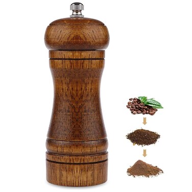 Wood Pepper Grinder, 5 Inch Pepper Mill Refillable Oak Wooden Peppermill with Ceramic Grinding Mechanism Adjustable Coarse to Fine for Home Use