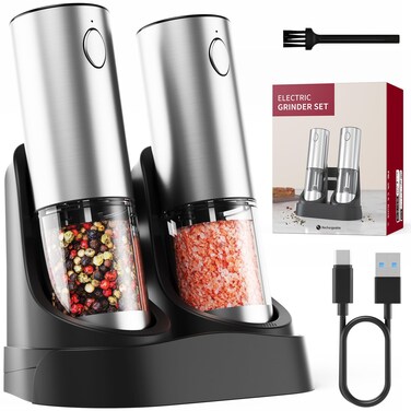 Electric Salt and Pepper Grinder Set with LED Light, Rechargeable Salt and Pepper Mill Stainless Steel Upgrade Gravity Salt Pepper Mill Grinder with Charging Base 95ml Capacity Spice Grinder