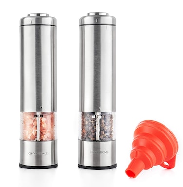 GZOOGHOME Electric Salt and Pepper Mill Grinder Set (Do Not Use Rechargeable Batteries), Battery Operated Automatic One Handed Pepper Salt Mill with Funnel and Adjustable Coarseness