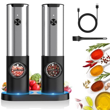 Moclever Electric Salt and Pepper Grinder Set, USB Rechargeable Charging Base Automatic Electronic Spice Mill Shakers Refillable LED Indicator Adjustable Coarseness One Hand Easy Operation, 2 Pack
