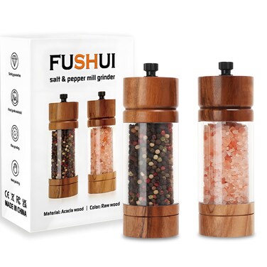 FUSHUI 2 Pack 5.5 Inch Wood Salt and Pepper Grinder Set, Premium Acrylic Salt and Pepper Grinder Set with a Adjustable Ceramic Rotor - Made of High-Grade Acacia Wood Material