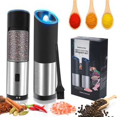 Asdmuchin Gravity Electric Salt and Pepper Grinder Set, Automatic Battery Pepper Mill Grinder, Large Capacity, Adjustable Coarseness, Stainless Steel, LED Light
