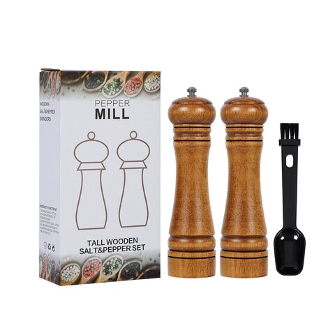 Chess Shape Wood Pepper Grinder Pepper Mill Set,Adjustable Coarseness Wooden Pepper-mill,With Cleaning Brush,Ceramic Grinding Mechanism Salt Mill Refillable For Your Kitchen,8inch (2 Pack)
