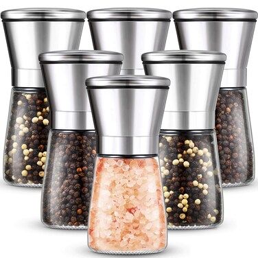 Set of 6 Salt and Pepper Grinder Stainless Steel Sea Salt Grinder Ceramic Salt and Pepper Shaker with Adjustable Coarseness Refillable Pepper Grinder Mill Glass Pepper Mill 6.3 oz Salt Mill Spice Mill