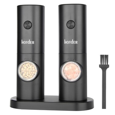 Hotder Electric Pepper and Salt Grinder Set,Battery Powered Adjustable 5 Levels of Coarseness Black Pepper Grinder Mill with Stand,Automatic Grinding with LED Light for BBQ Resturant Kitchen-2 Pack