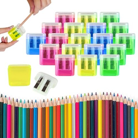 YUQILIN 48 PCS Pencil Sharpeners, Manual Handheld Dual Holes Pencil Sharpener Bulk with Lid 4 Color Pencil Sharpeners for School Home Office Art Classroom Portable Sharpeners for Kids Adults