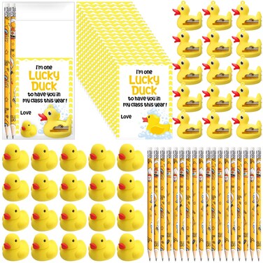 Weekgrat Valentine's Day Inspirational Gift 50 Yellow Motivational Duck Pencils Cute Pencils 25 Duck Pencil Sharpener 25 Yellow Duck Eraser 25 Welcome Cards Valentine's Day School Gift for Kids