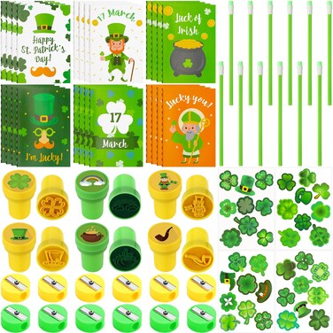Kisston 312 Pcs St Patricks Day Stationery Supplies for Kids St. Patrick's Day Notepads Pencils St Patrick's Stampers Shamrock Stickers Pencil Sharpeners and Gift Bags for Kids St Patrick's Day Party