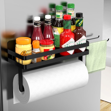 ZUNTO Magnetic Paper Towel Holder for Fridge, Black Kitchen Organizer with Towel Roll Holder, Spice Shelf and 2 Hanging Racks(No Drilling)