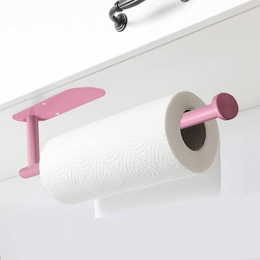 Pink Paper Towel Holder, Paper Towels Rolls for Kitchen, Paper Towel Holder - Self Adhesive or Drilling, Under Cabinet Paper Towel Rack, Wall Mounted Paper Towel Roll Holder for Kitchen Paper Towel