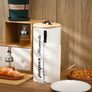 Yoande Farmhouse Paper Towel Holder Standing Paper Towel Roll Holder for Kitchen Countertop Wood Paper Towel Rack Metal Paper Towel Dispenser with Wooden Lid for Home Decor Country Bathroom Kitchen