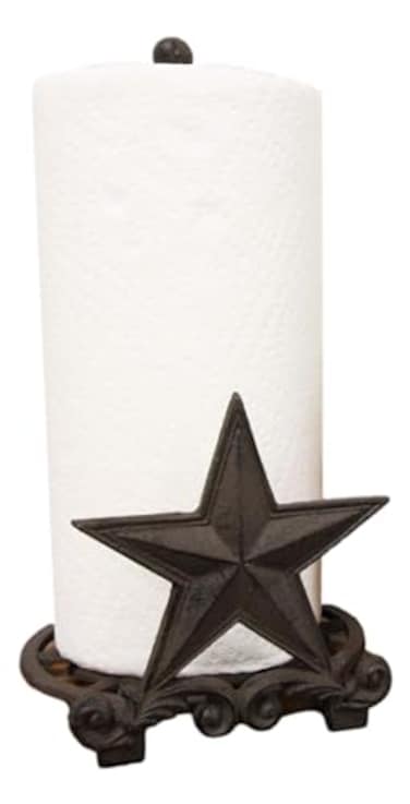 Ebros 13.75" Tall Metal Rustic Country Western Star with Scroll Art Design Paper Towel Holder Display Dispenser Stand Wild West Stars Kitchen Bathroom Home Decor in Aged Bronze Finish