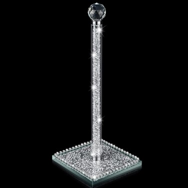 Silver Crystal Standing Paper Towel Roll Holder, 13 Inch Square Base Standing Paper Towel Stand with Sparkly Crystal Crushed Diamonds Decor for Kitchen Table or Bathroom