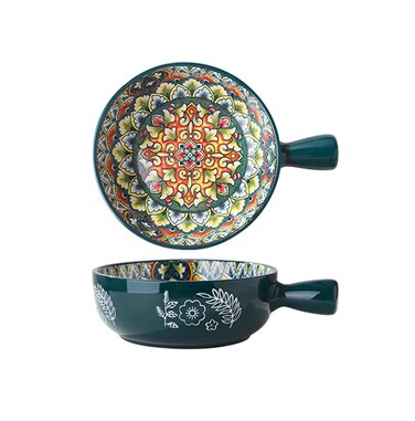 KKgud 1 Pack Hand-painted Ceramic Serving Bowl with Handle, Round Salad Bowl, 6 Inches - Bohemian Pattern (Green)