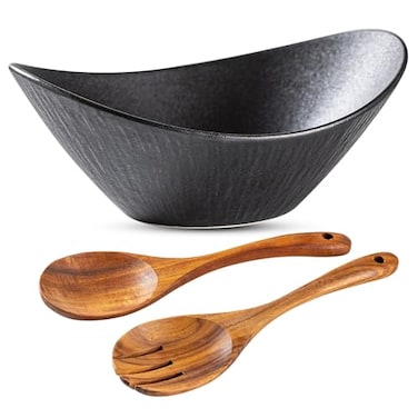 Ceramic Large Elegant Ceramic Oval Salad Bowl Set with Premium Acacia Wood Serving Utensils, 10 Inches Serving Bowl for Soup Cereal, Ramen, Pasta, Salad, Dishwasher Microwave Safe, Black Serving Bowl