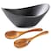 Ceramic Large Elegant Ceramic Oval Salad Bowl Set with Premium Acacia Wood Serving Utensils, 10 Inches Serving Bowl for Soup Cereal, Ramen, Pasta, Salad, Dishwasher Microwave Safe, Black Serving Bowl