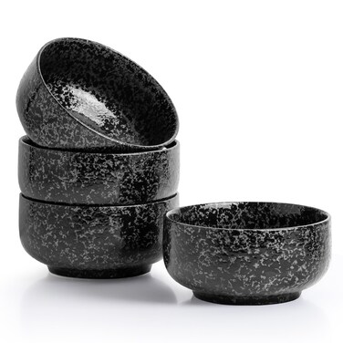 Kanwone Ceramic Bowls - 32 Ounce Bowl Set for Cereal, Salad, Noodle and Soup, Japanese Noodle Bowls - Set of 4, Black, Microwave and Dishwasher Safe